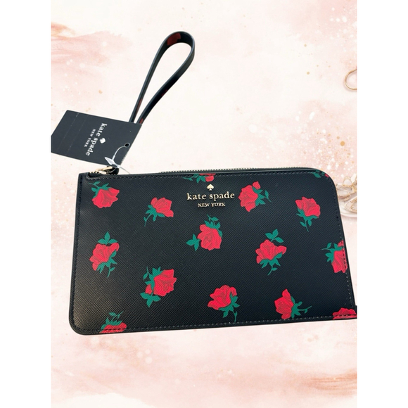 Kate Spade Black Lucy Medium L-Zip Wristlet Ditsy Rose Toss KE634 NWT